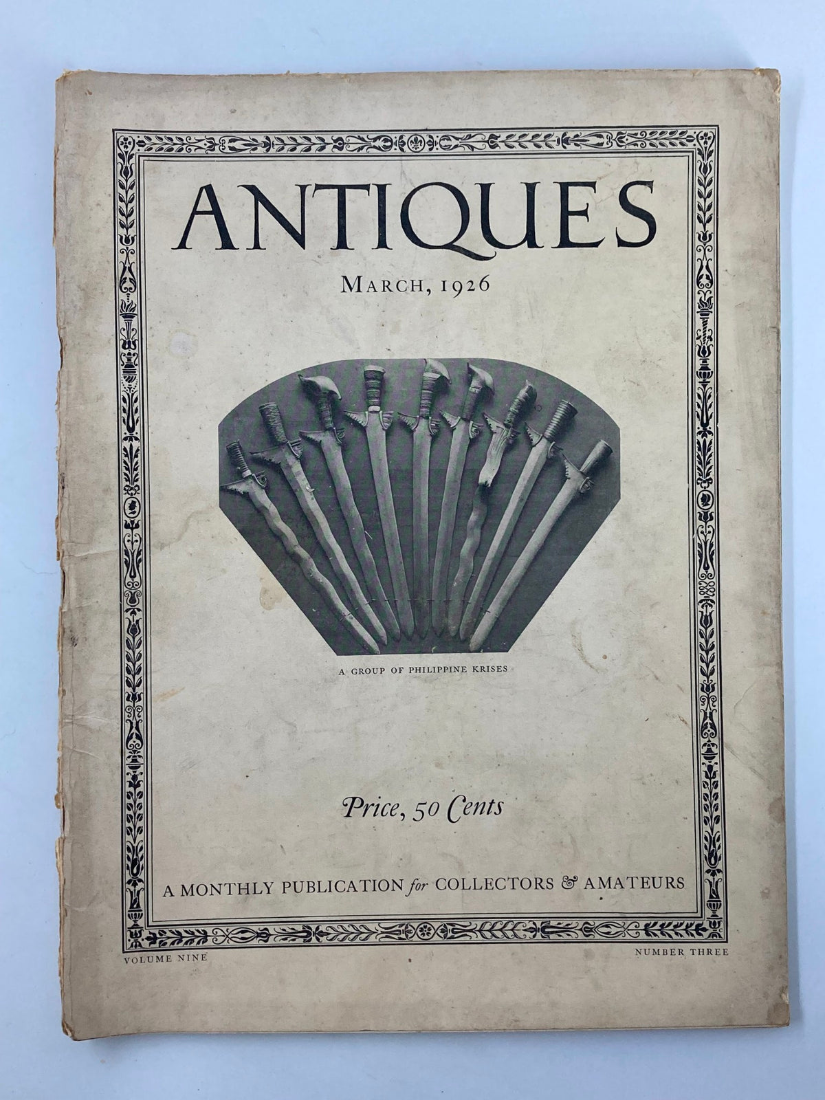Cover of the VTG Antiques Magazine from March 1926 featuring the title 'A Group of Philippine Krises', showcasing an array of traditional Philippine weapons.