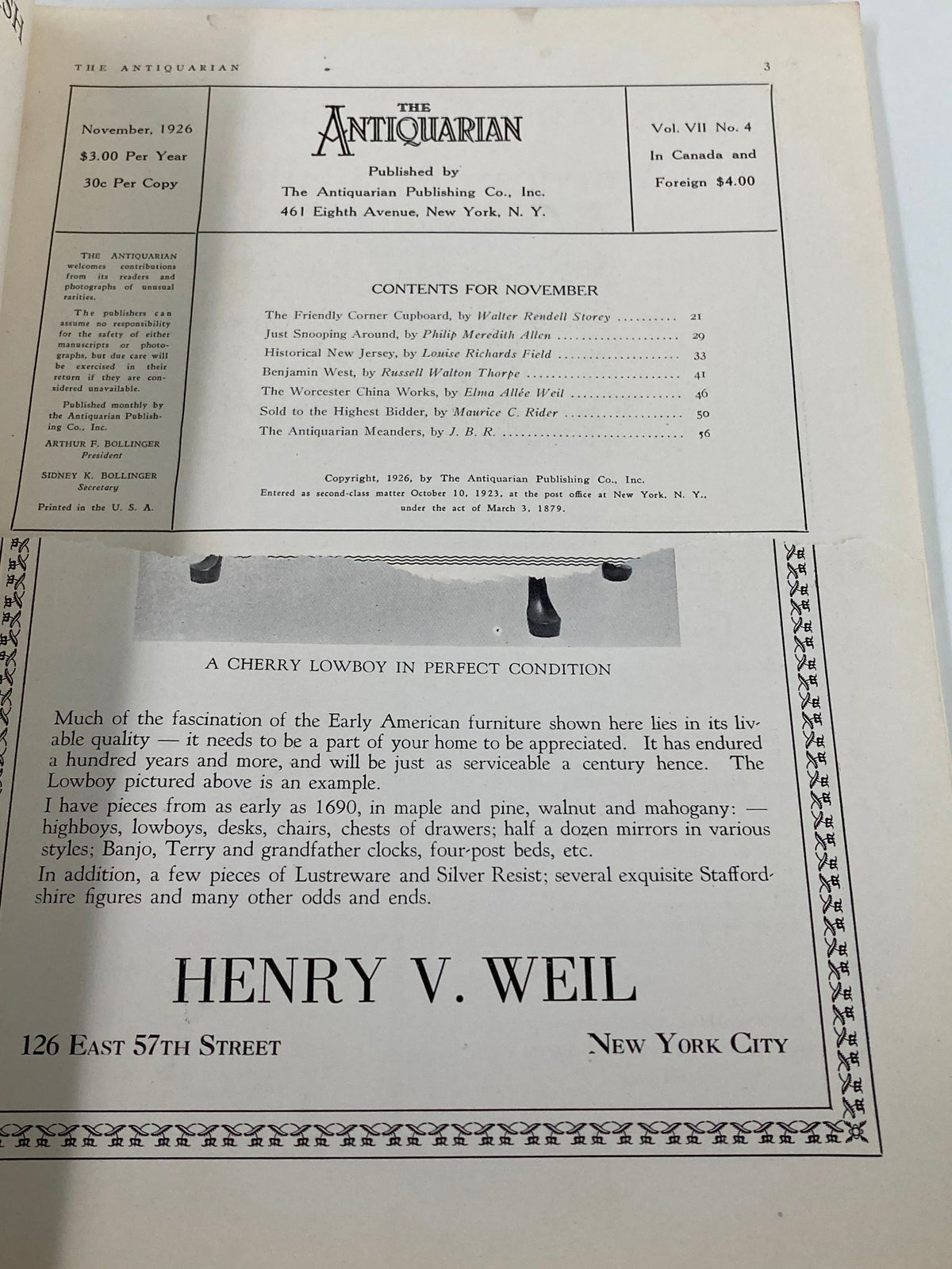 Interior page from VTG The Antiquarian Magazine November 1926, displaying contents for the issue, including information about featured articles and collectors.