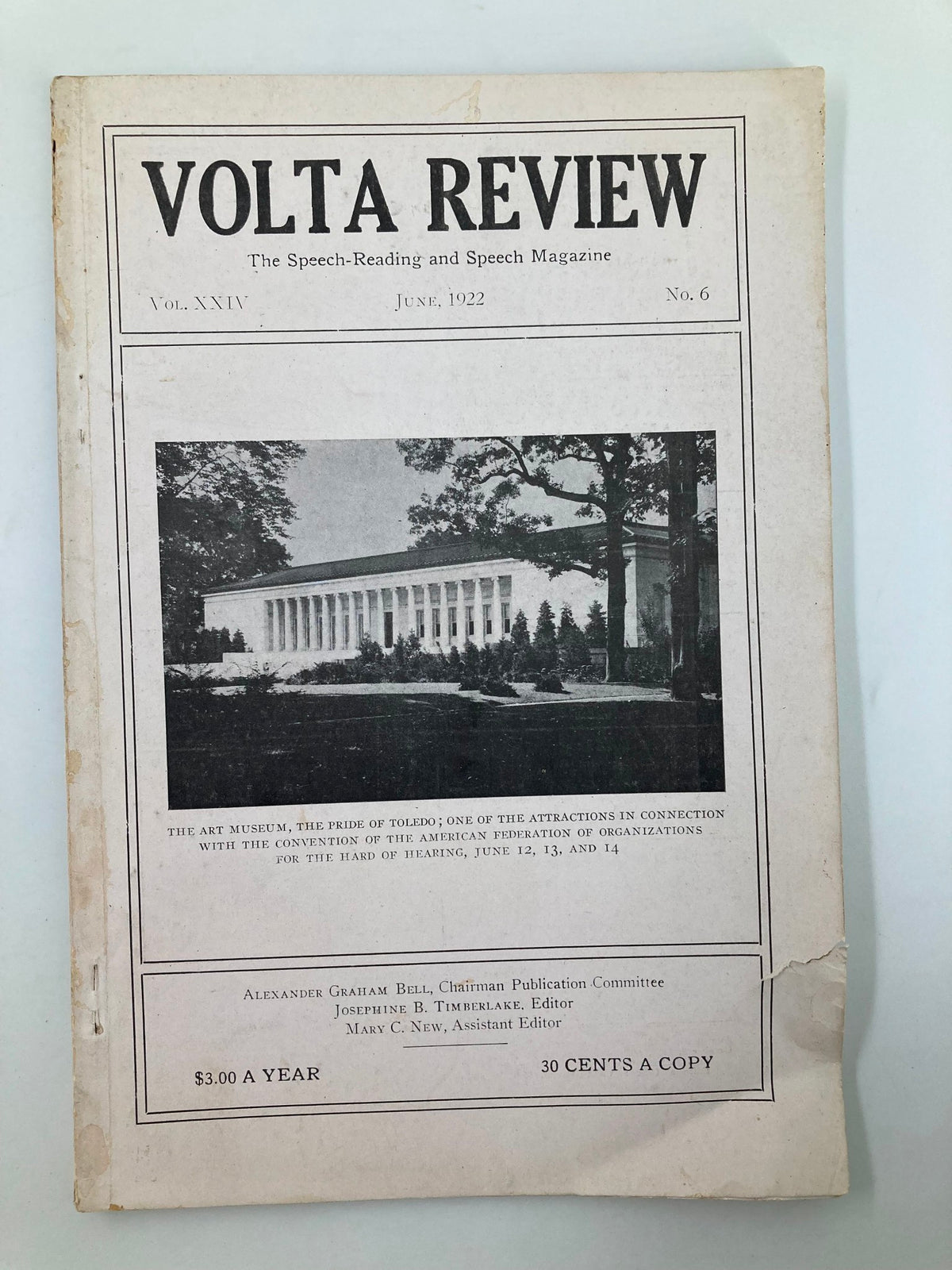 Cover of the vintage VTG Volta Review Magazine from June 1922, featuring an illustration of the Art Museum, the Pride of Toledo.