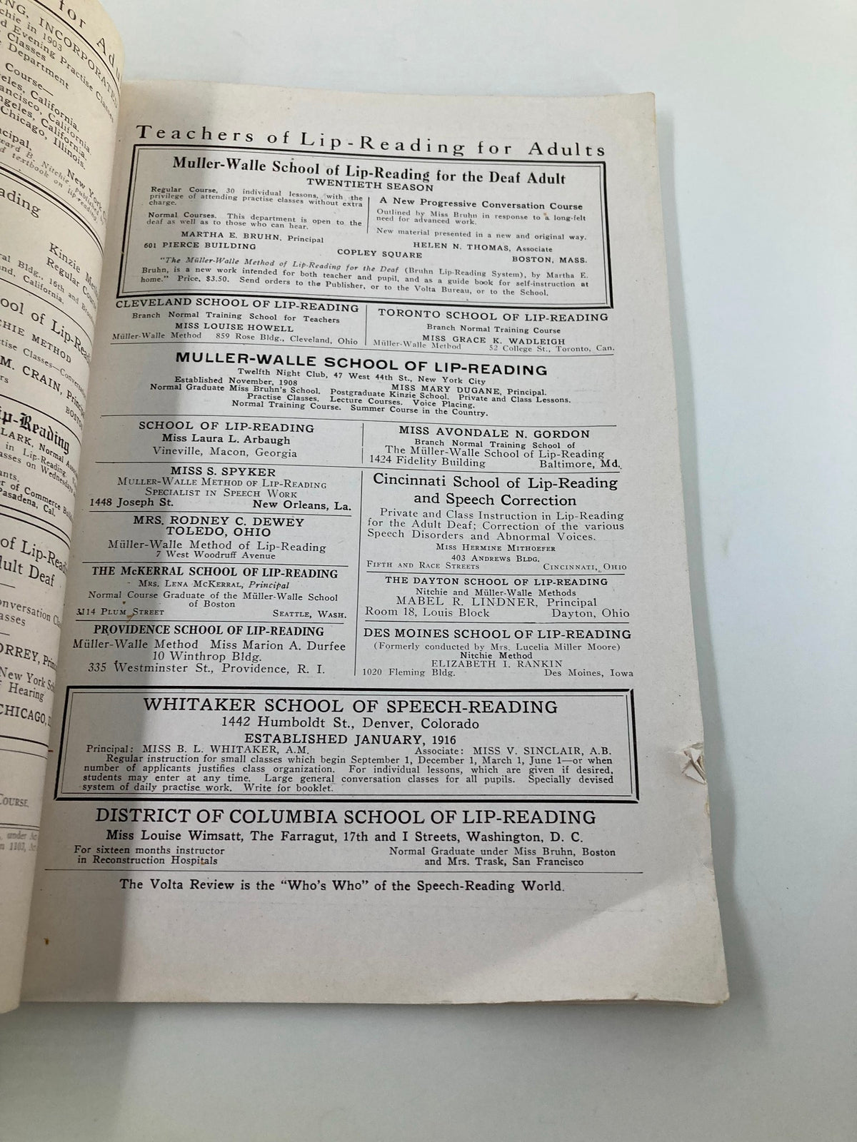 Continuation of Teachers of Lip-Reading from Vintage Volta Review Magazine June 1922, displaying more educational institutions and instructors.