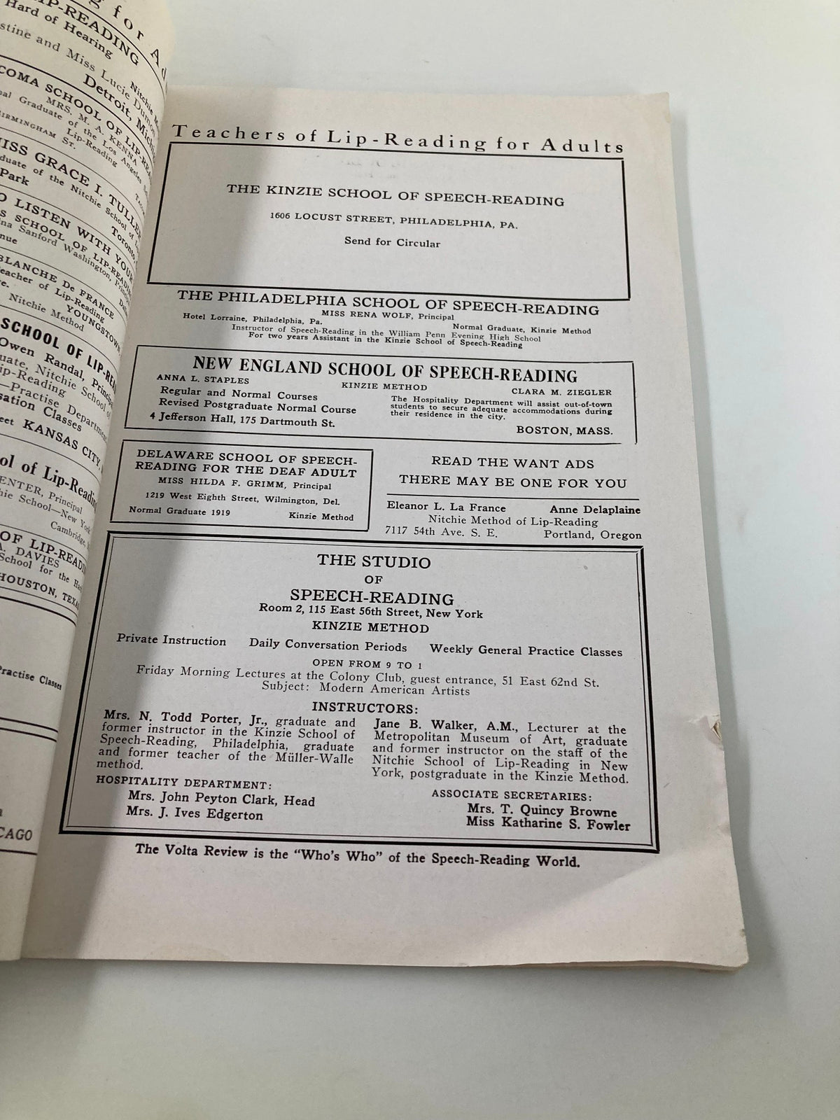 Another page from Vintage Volta Review Magazine June 1922 focusing on Teachers of Lip-Reading, showcasing various schools and their offerings.