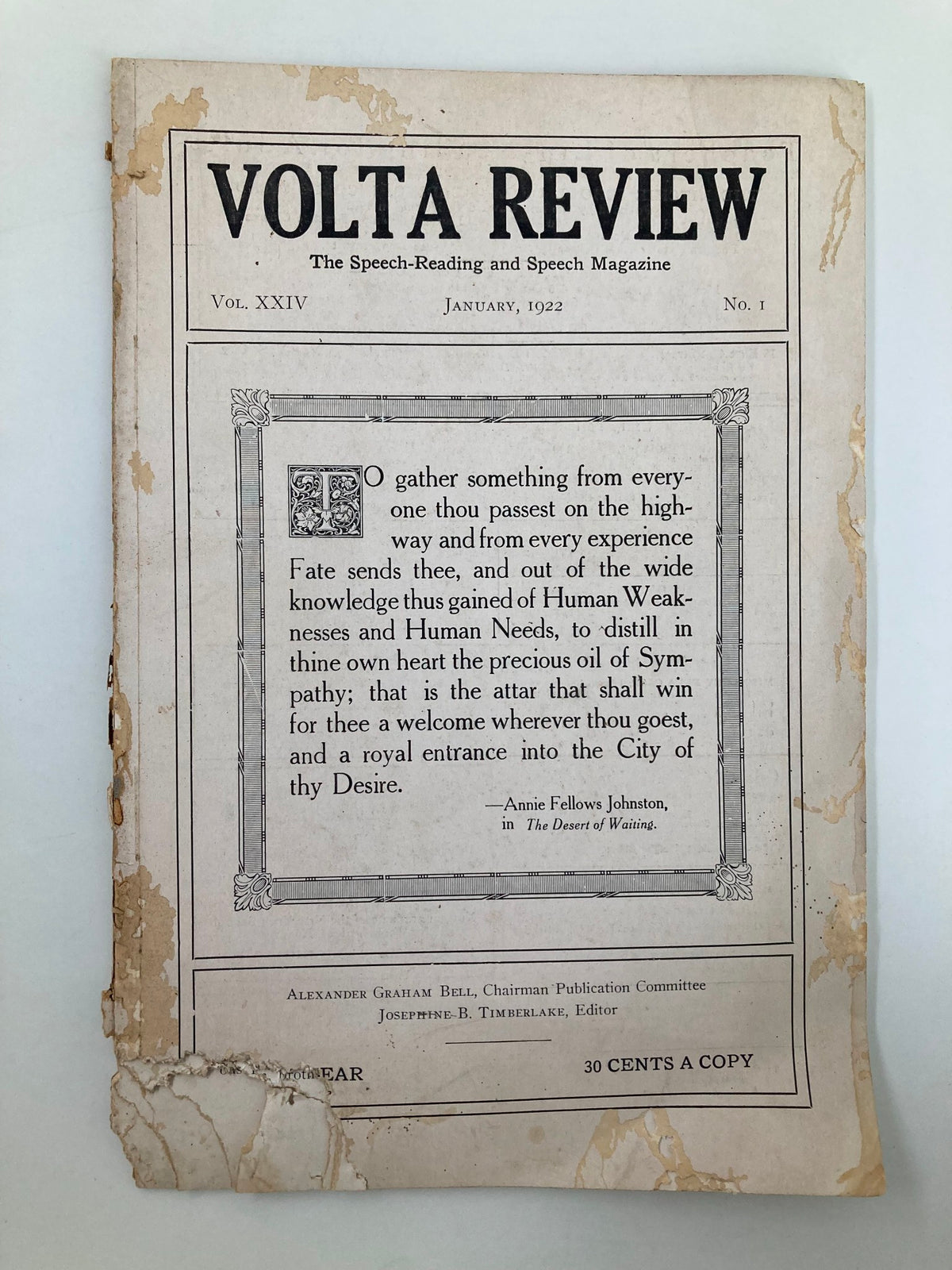 Cover of VTG Volta Review Magazine January 1922, featuring the title and elegant design, showcasing the themes of human emotions and desires.