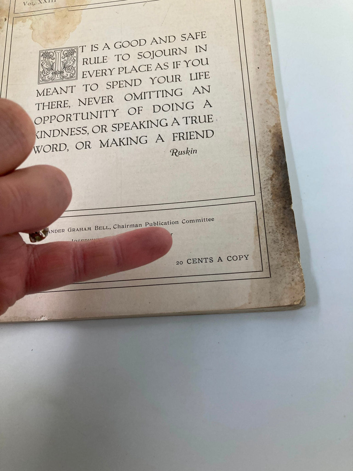 Back cover of VTG Volta Review Magazine January 1921 featuring a quote by Ruskin and publication details.