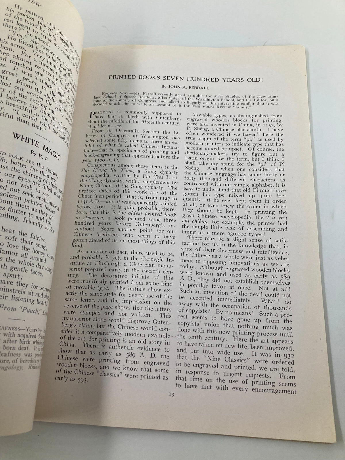 Interior page of VTG Volta Review Magazine January 1921 discussing the history of printed books and their significance.