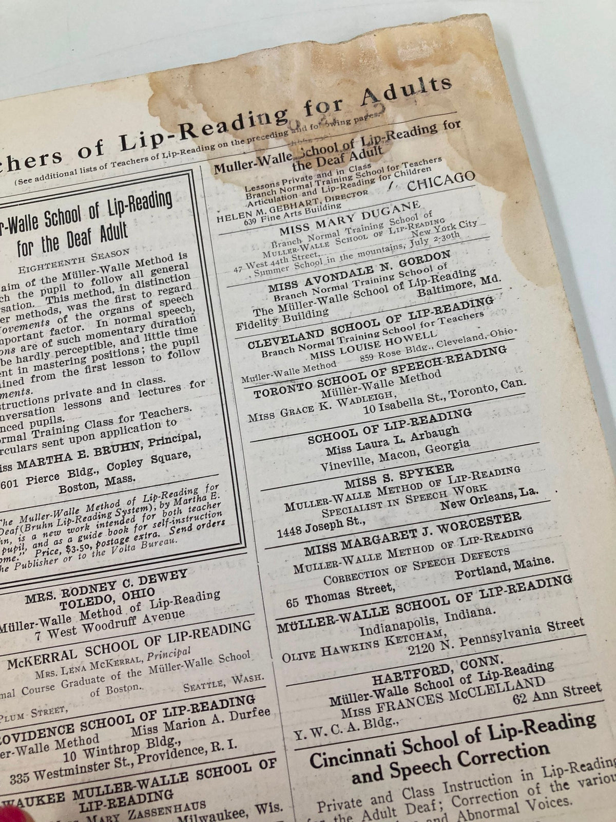 Page from VTG Volta Review Magazine July 1920 listing teachers of lip-reading for the deaf.
