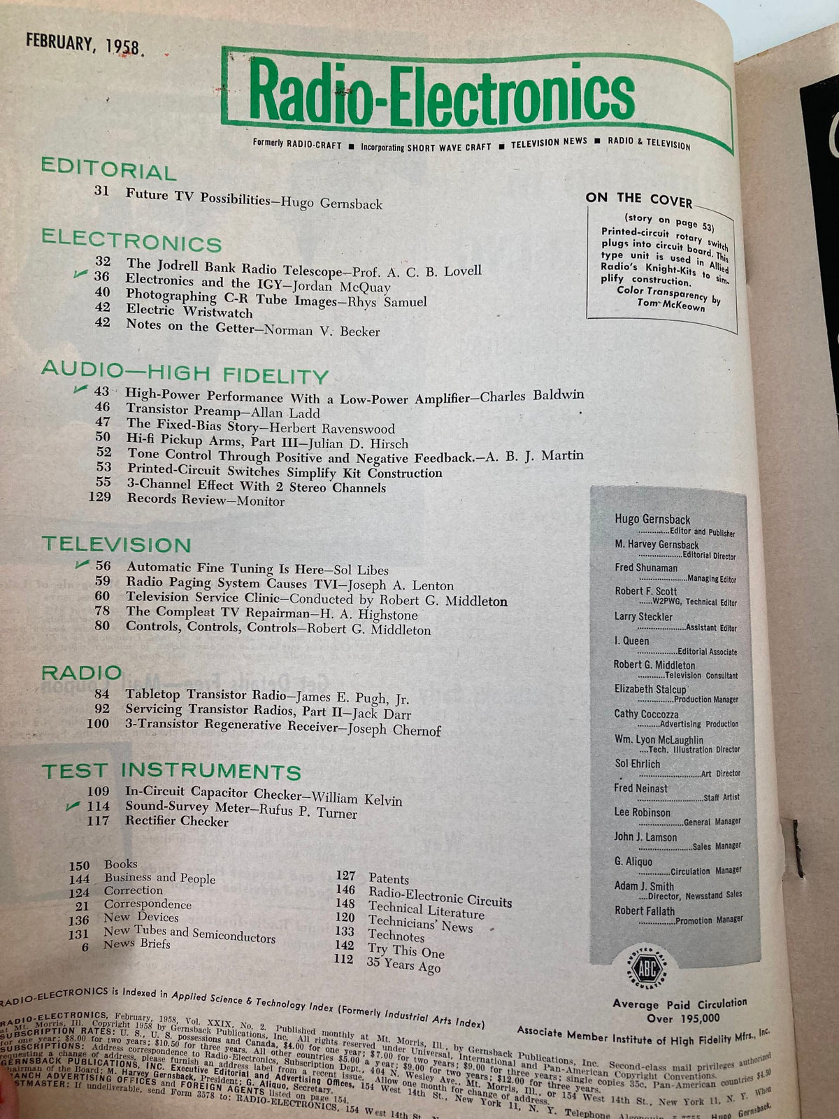 Inside page of the VTG Radio-Electronics Magazine February 1958 displaying the table of contents and articles related to electronics and audio technologies.