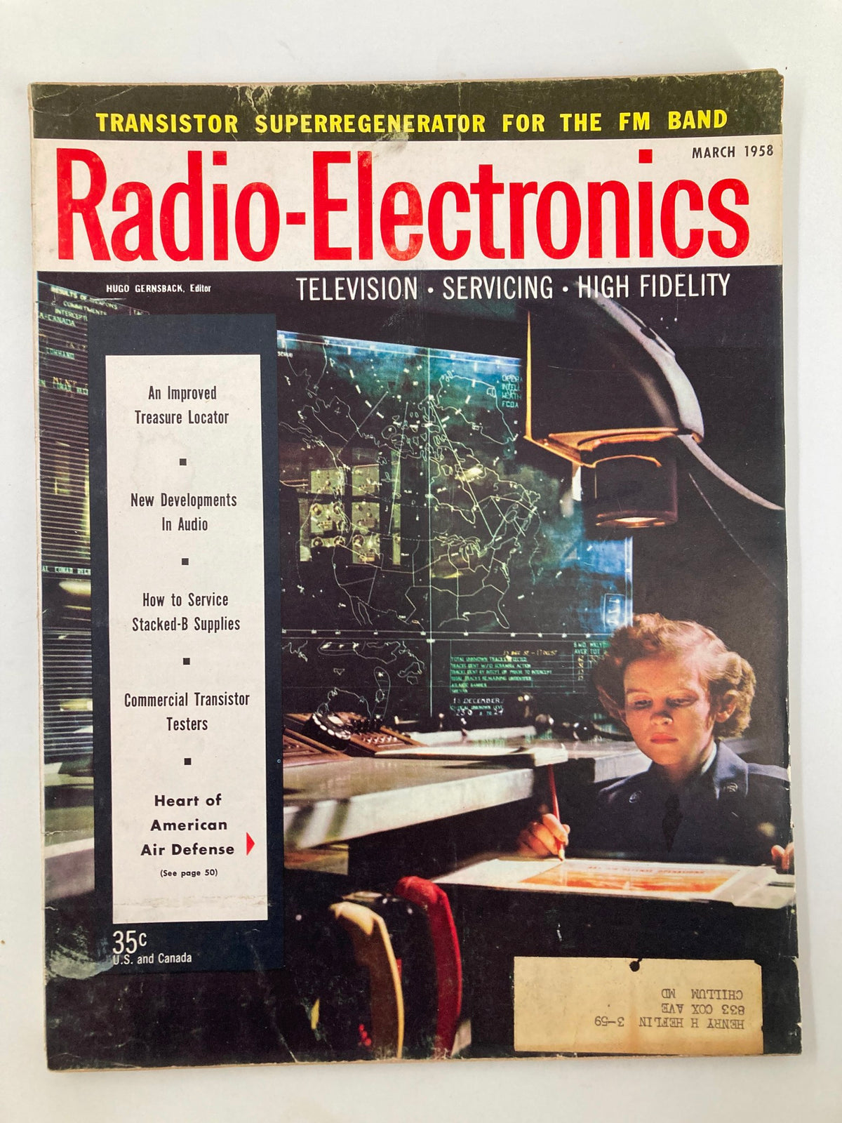 Cover of VTG Radio-Electronics Magazine March 1958 featuring articles on television, servicing, and high fidelity, with a young girl working at a desk surrounded by electronic equipment.