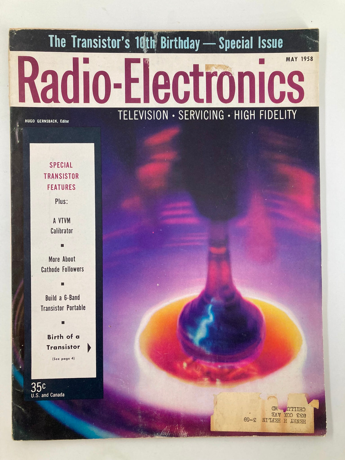Cover of VTG Radio-Electronics Magazine May 1958 featuring the theme of the Transistor's 10th Birthday, highlighting special features on transistors and electronic technology.