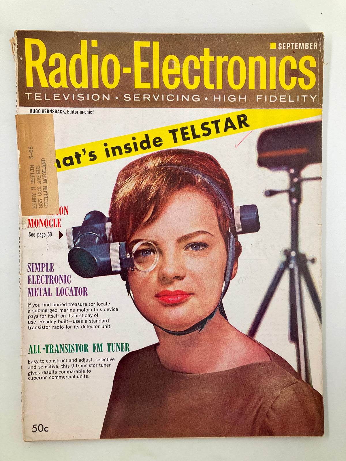 Cover image of the September issue of Radio-Electronics Magazine featuring a woman using a simple electronic metal locator, illustrating vintage technology and electronics advancements.