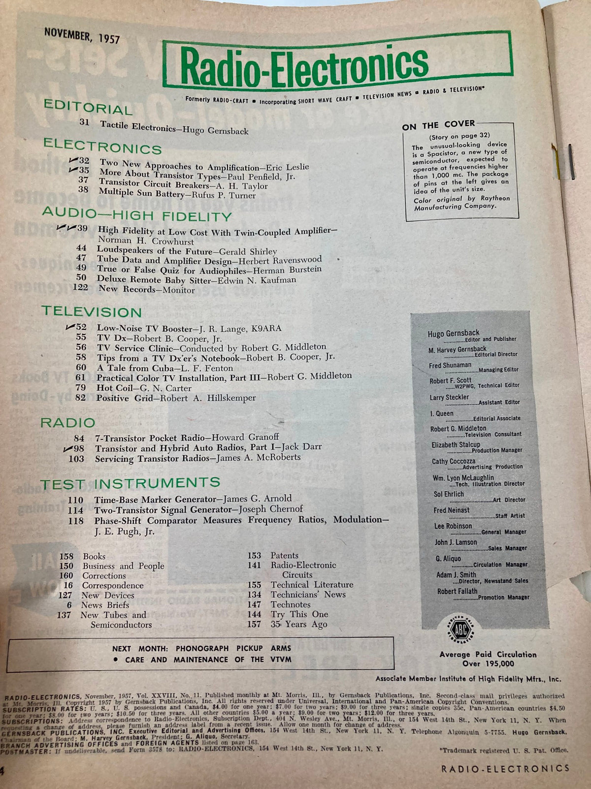 Contents page of VTG Radio-Electronics Magazine November 1957 featuring topics like audio high fidelity and electronics, emphasizing historical significance of the Spacistor.