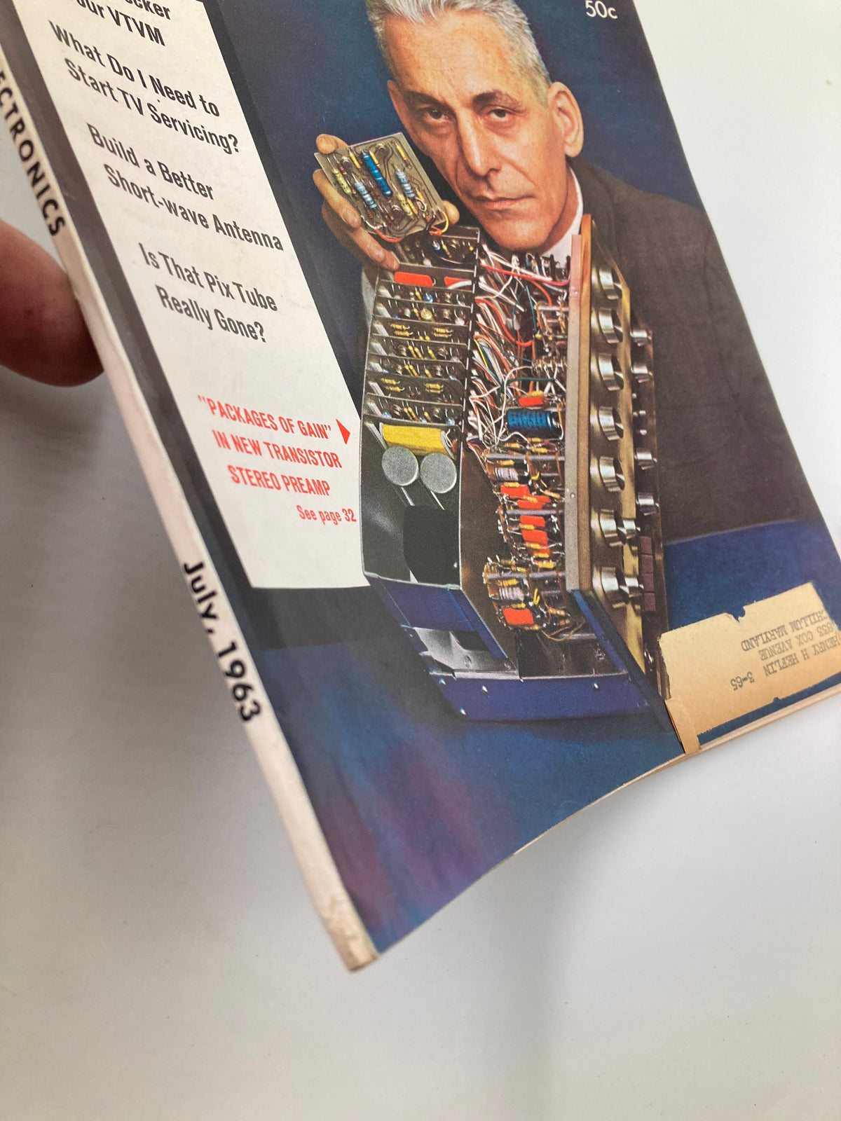 Side view of VTG Radio-Electronics Magazine July 1963 displaying the spine with the magazine title and year, highlighting its vintage appeal.