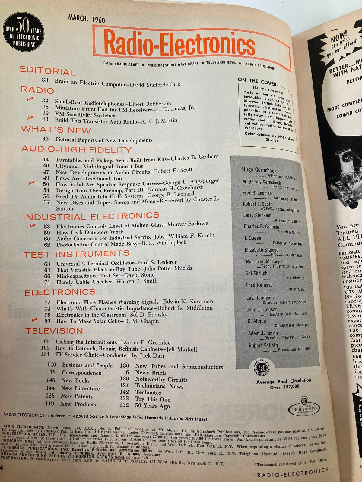 Inside page of VTG Radio-Electronics Magazine March 1960 showcasing editorial and article listings, highlighting topics on audio fidelity and turntable kits.
