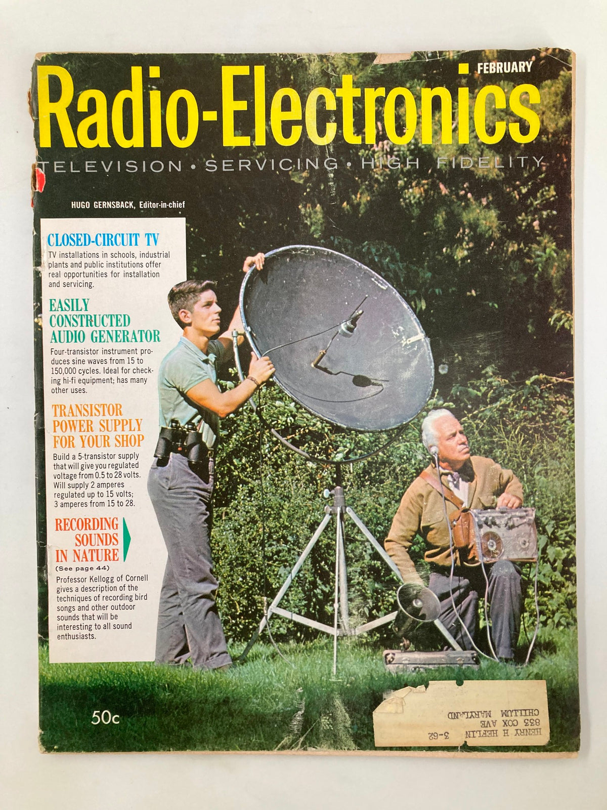 Cover of VTG Radio-Electronics Magazine February 1962 featuring a man holding a satellite dish and an elderly man with recording equipment. The issue focuses on recording sounds in nature.