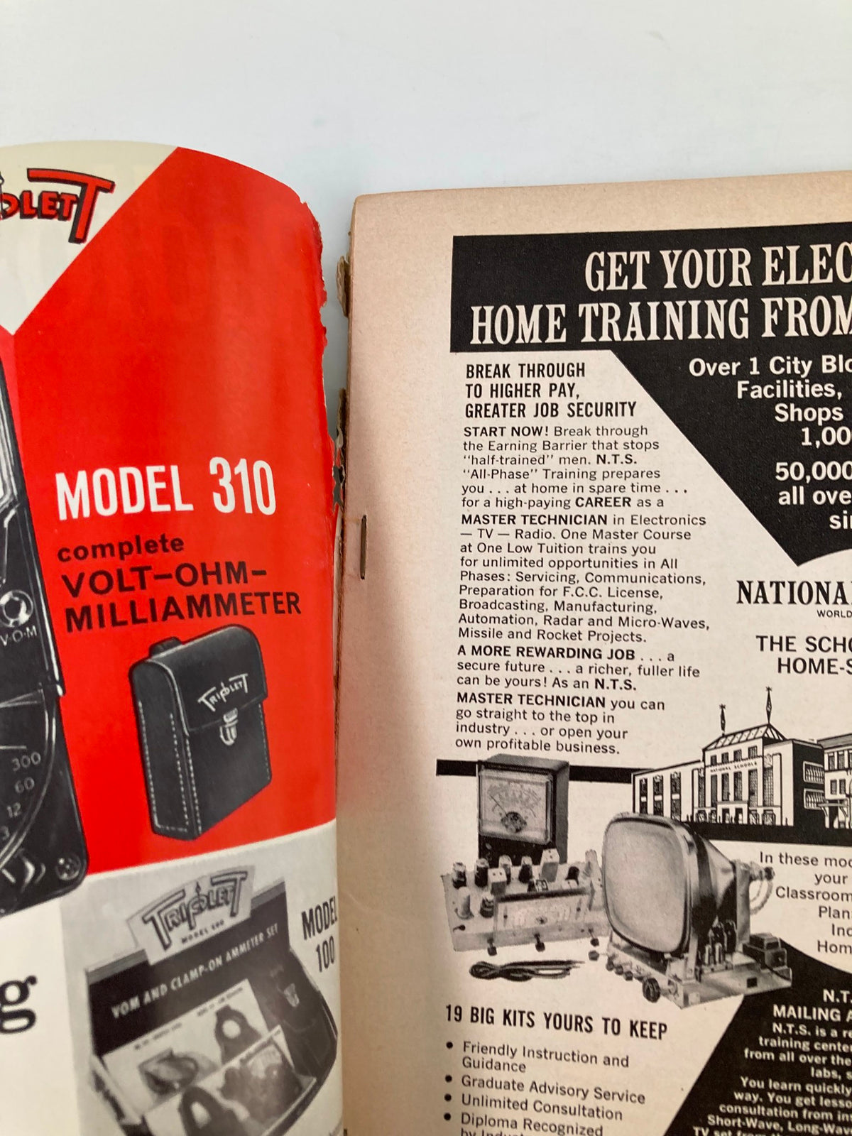 Inside page of VTG Radio-Electronics Magazine February 1962 showcasing advertisements for electronic training and testing equipment, emphasizing job opportunities in electronics.