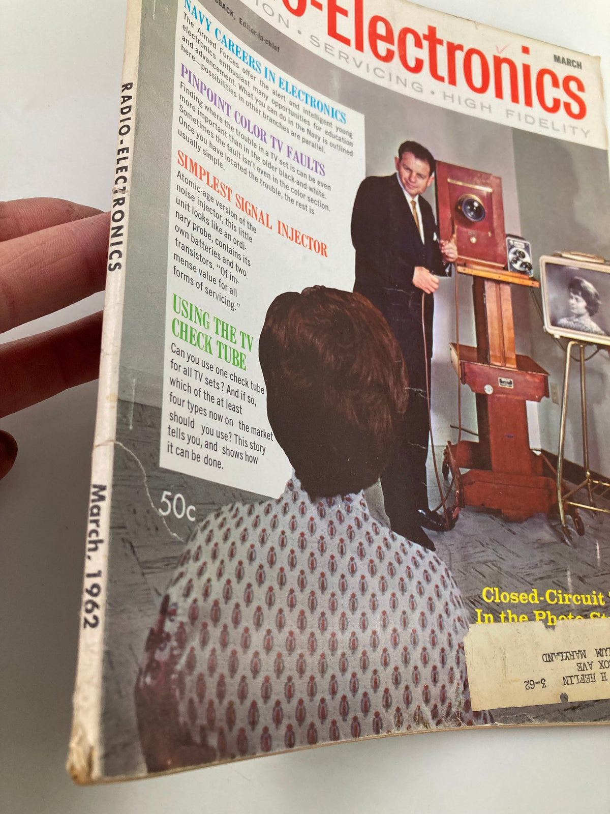 Side view of the VTG Radio-Electronics Magazine March 1962 cover, highlighting articles on electronics careers and Closed-Circuit TV in the Photo Studio.