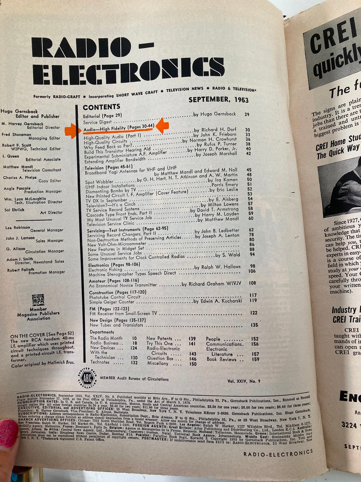 Contents page of the VTG Radio-Electronics Magazine September 1953, highlighting articles on high fidelity audio and television technology advancements.