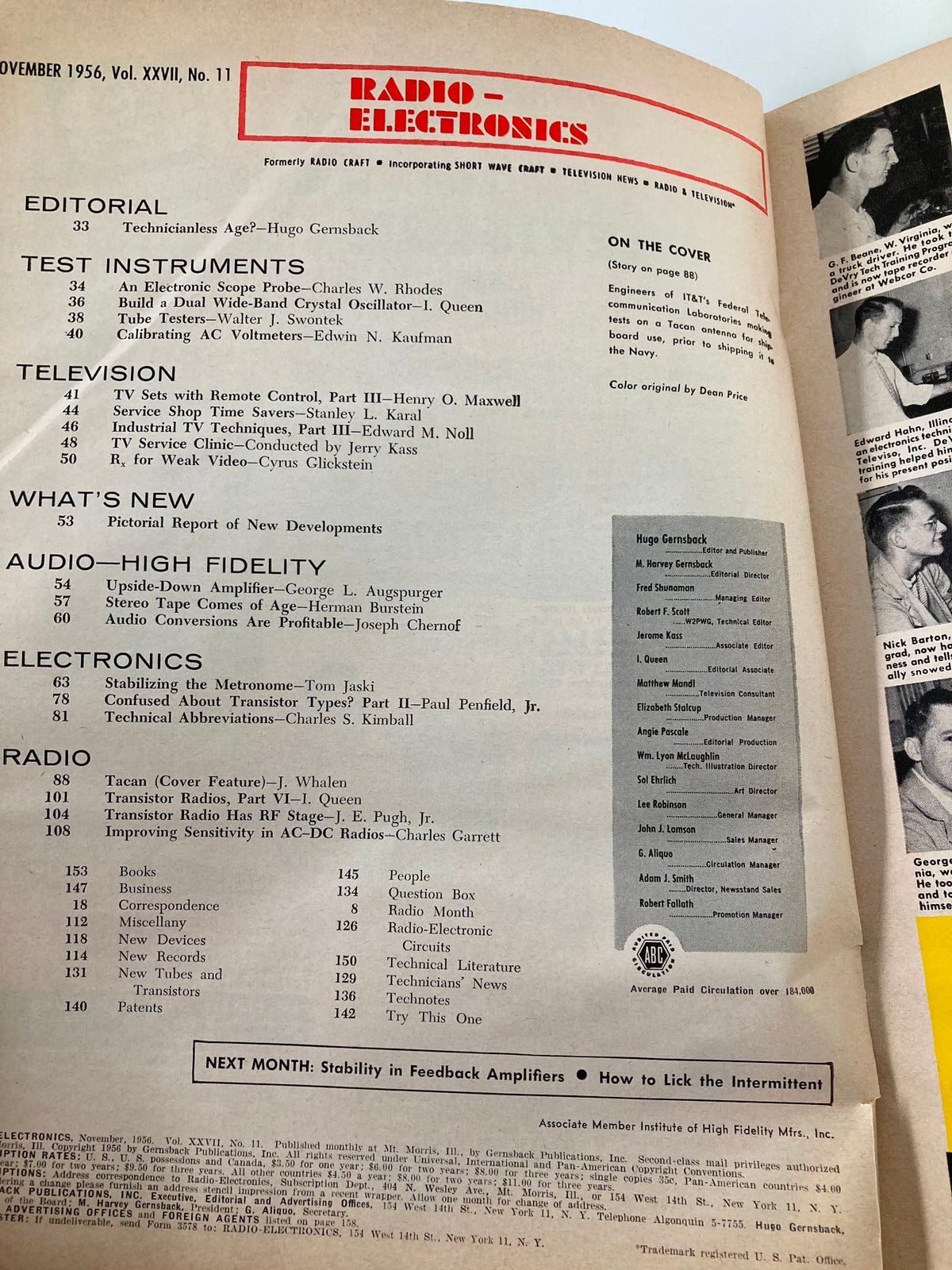 Inside page of VTG Radio-Electronics Magazine November 1956 highlighting the table of contents, including articles on electronics, television, and the metronome project.
