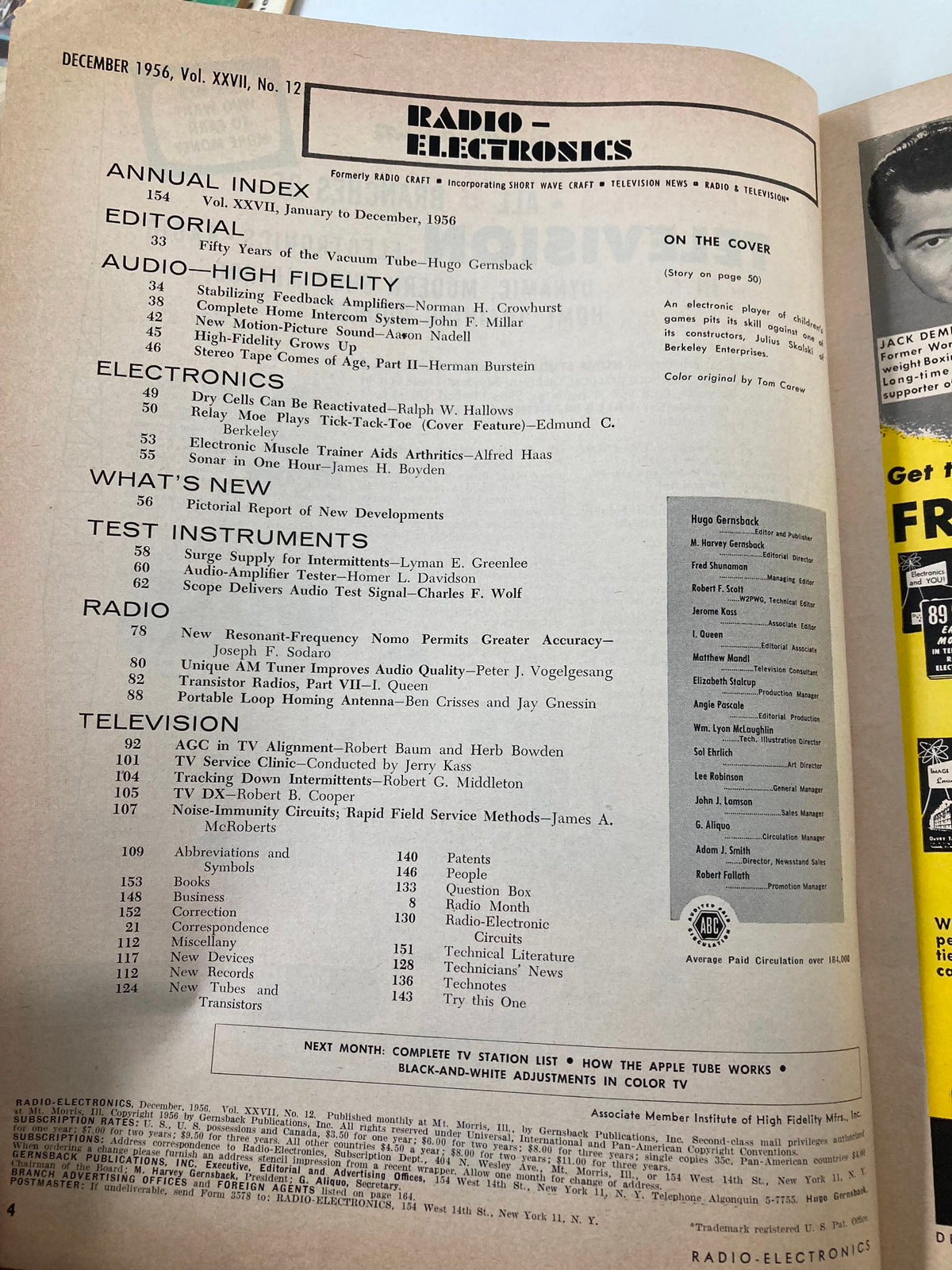 Interior page of VTG Radio-Electronics Magazine December 1956 showing the annual index and editorial sections, featuring an article titled 'Relay Moe' Plays Tick-Tack-Toe.