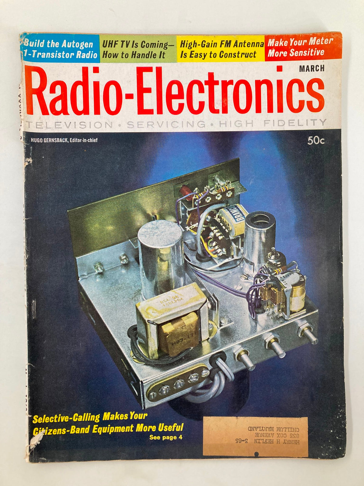Cover of VTG Radio-Electronics Magazine March 1963 featuring The Autogen 1-Transistor Radio, showcasing vintage radio technology with colorful graphics and articles on electronics.