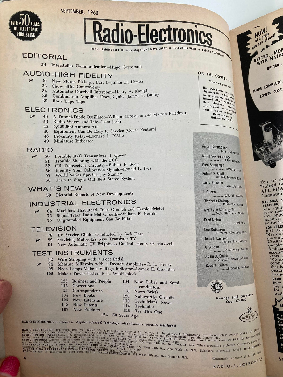 Interior page from VTG Radio-Electronics Magazine September 1960, displaying the editorial content and article listings relevant to vintage radio and electronics technology.