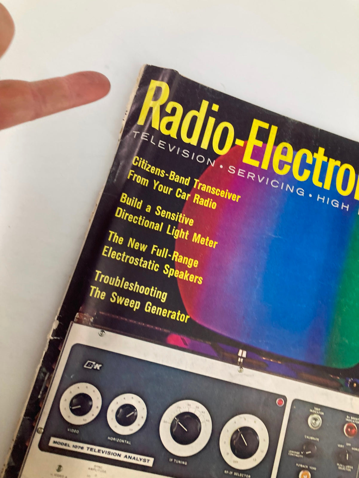 Close-up view of the VTG Radio-Electronics Magazine July 1961 cover, highlighting the Model 1076 Television Analyst and various electronics topics.