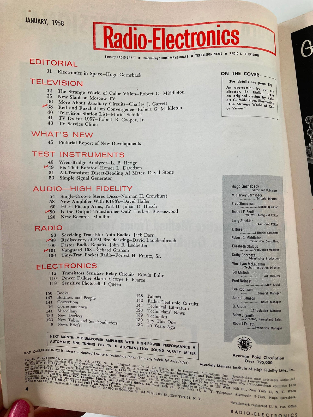 January 1958 issue of VTG Radio-Electronics Magazine featuring the table of contents, highlighting the article on 'The Strange World of Color Vision' and various topics in electronics and radio technology.