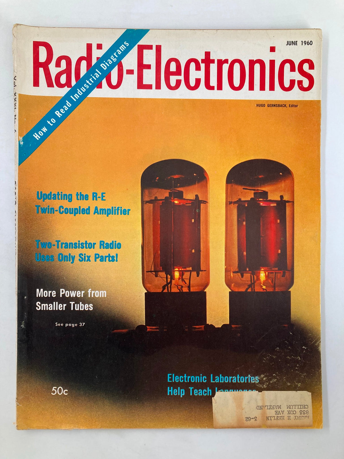 VTG Radio-Electronics Magazine June 1960 featuring a cover story on 'Red-Hot Plates of Power Pentodes' with striking visuals of vintage electronic tubes.