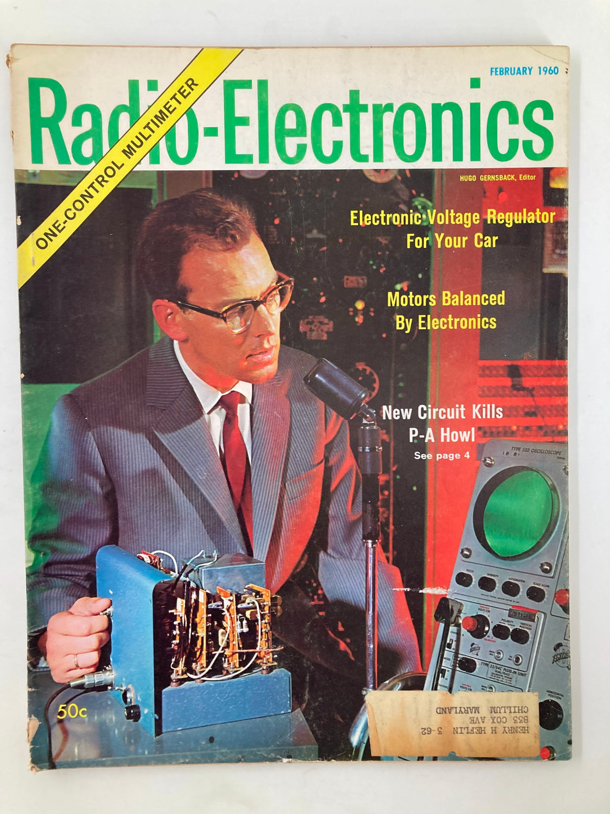 VTG Radio-Electronics Magazine February 1960 cover featuring an article titled 'New Circuit Kills P-A Howl' with a man in glasses analyzing electronic equipment.