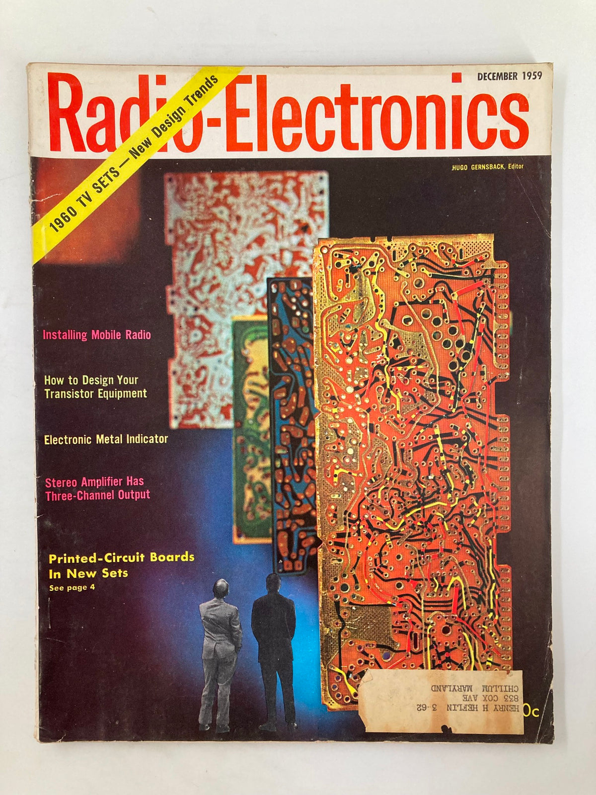 Cover of the VTG Radio-Electronics Magazine December 1959 featuring printed-circuit boards and articles on 1960 TV sets and electronic innovations.