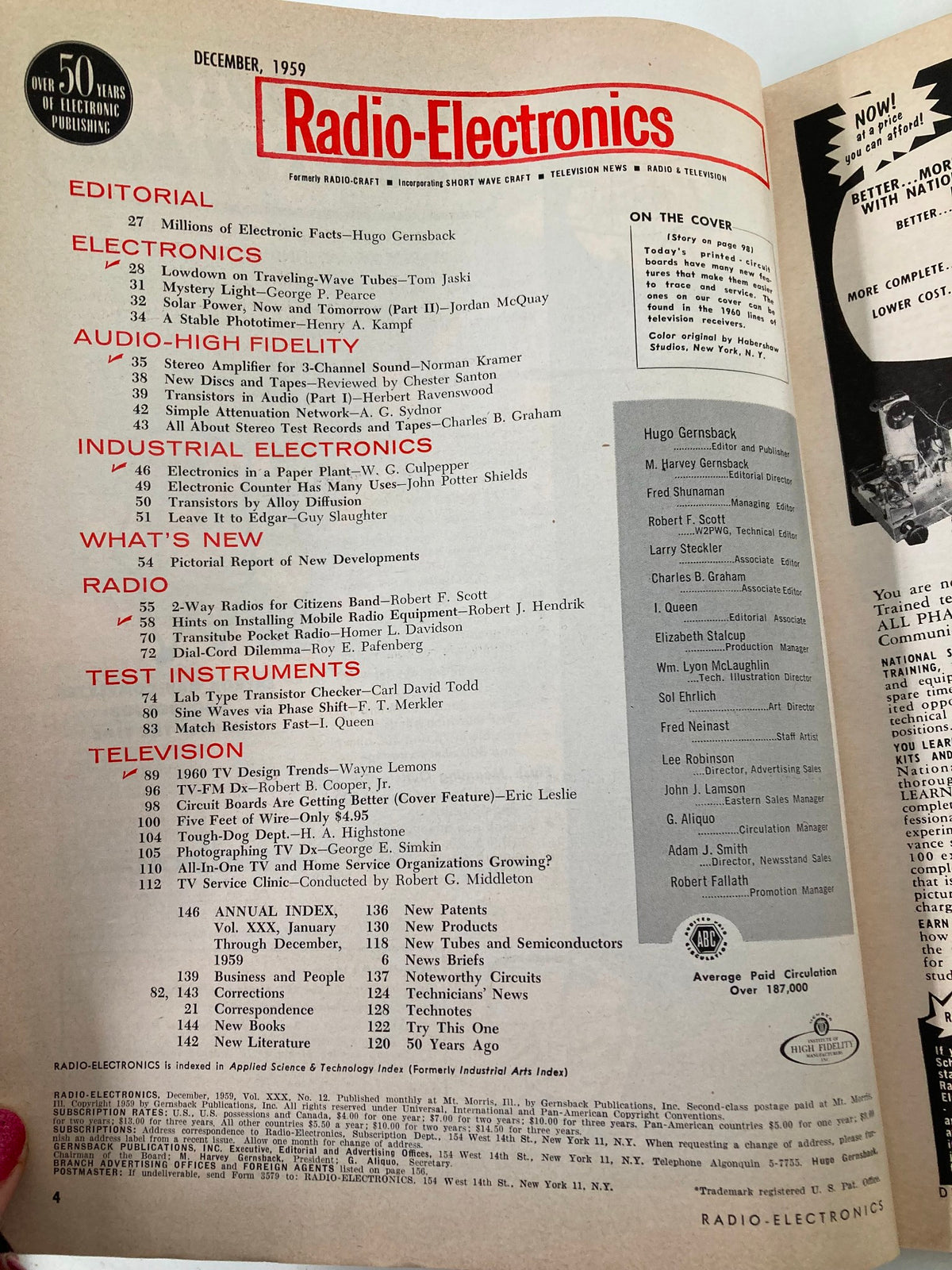 Contents page of the VTG Radio-Electronics Magazine December 1959, detailing articles on electronics, audio fidelity, and industrial electronics.