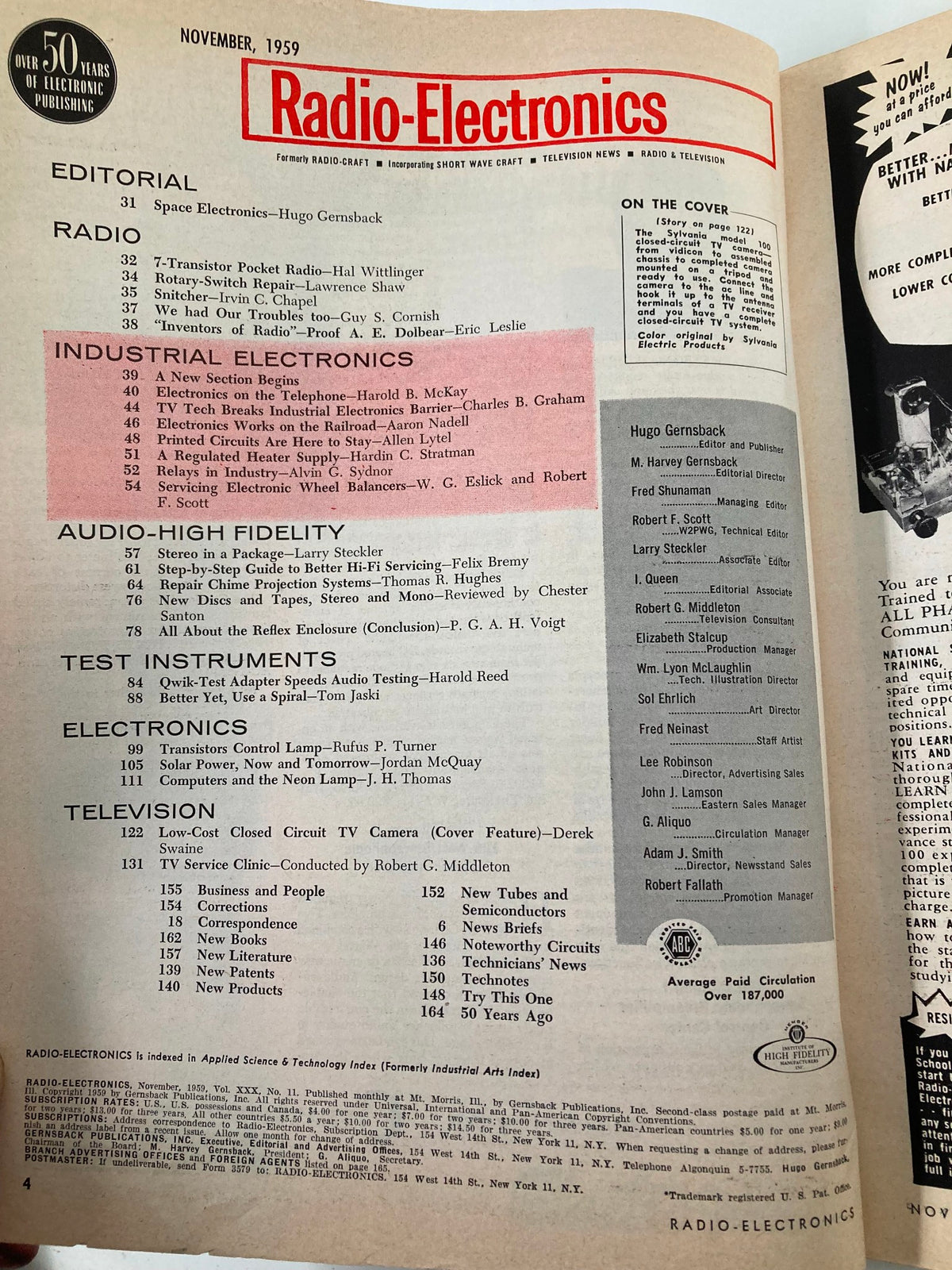 Interior page of VTG Radio-Electronics Magazine November 1959 showcasing the table of contents including features on industrial electronics and audio equipment.