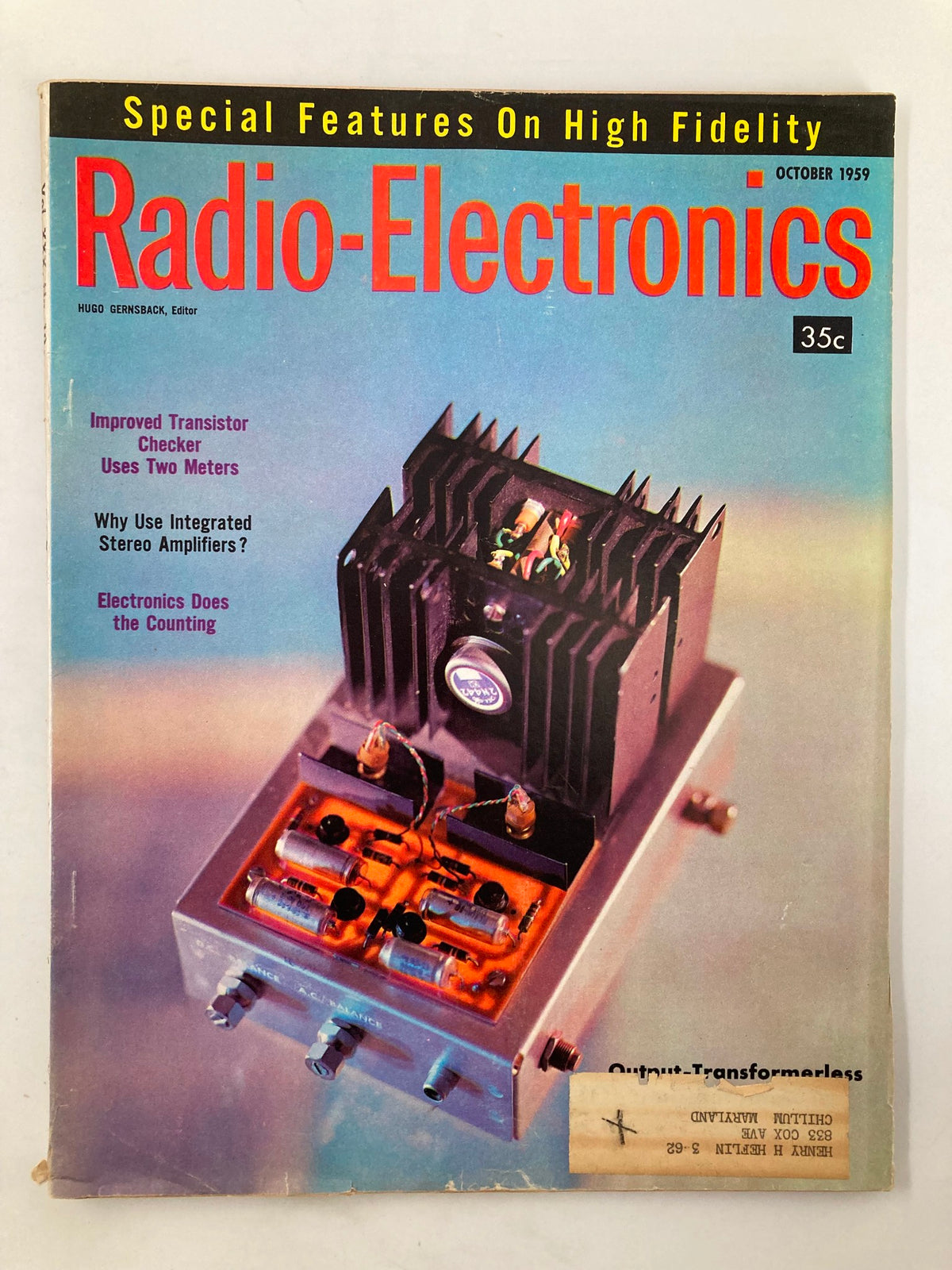 Cover of VTG Radio-Electronics Magazine October 1959 showcasing the Improved Transistor Checker with colorful graphics and vintage design.