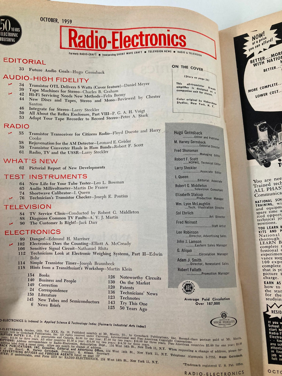 Inside page of VTG Radio-Electronics Magazine October 1959 featuring editorial and article listings highlighting advancements in electronics and radio technology.