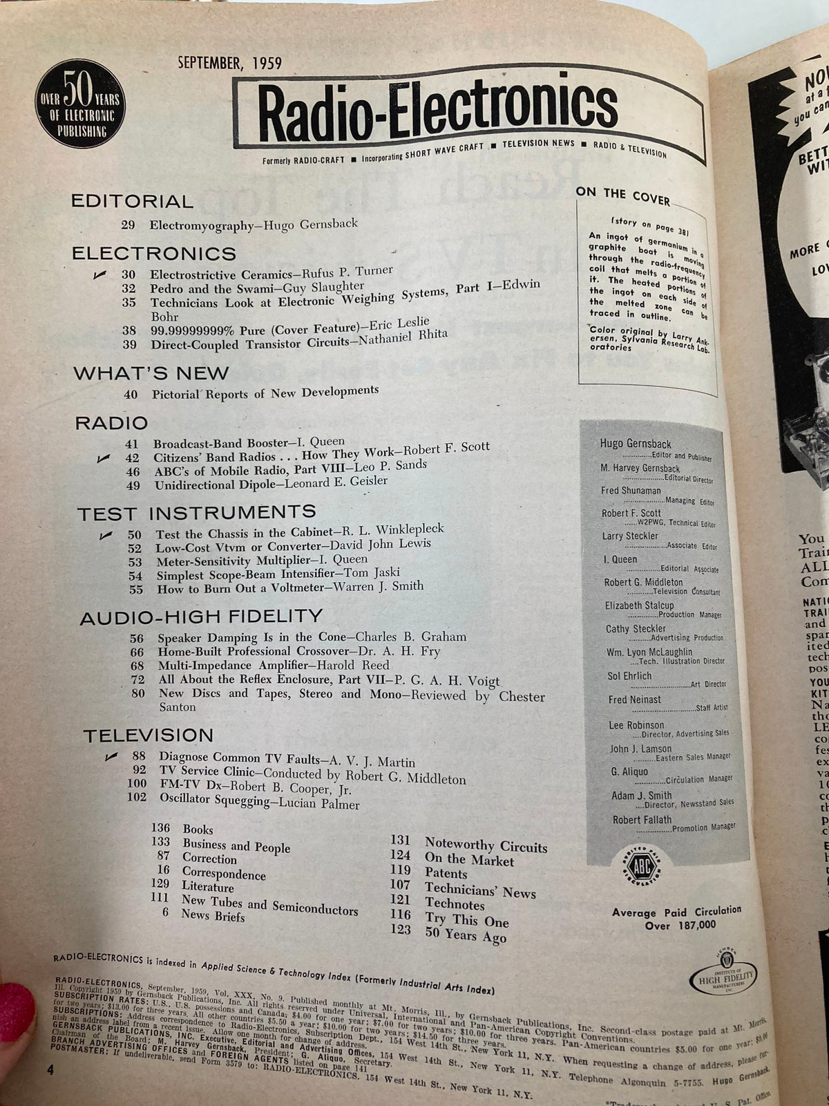 Table of contents from VTG Radio-Electronics Magazine September 1959, highlighting topics such as electronics, radio, and audio fidelity.