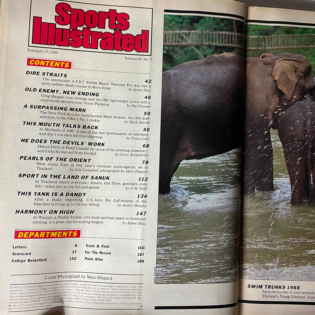 Inside contents page of the Vintage Sports Illustrated magazine from February 15, 1988, detailing articles including a feature on elephants in Thailand. This issue is a key representation of sports journalism from the 1980s.
