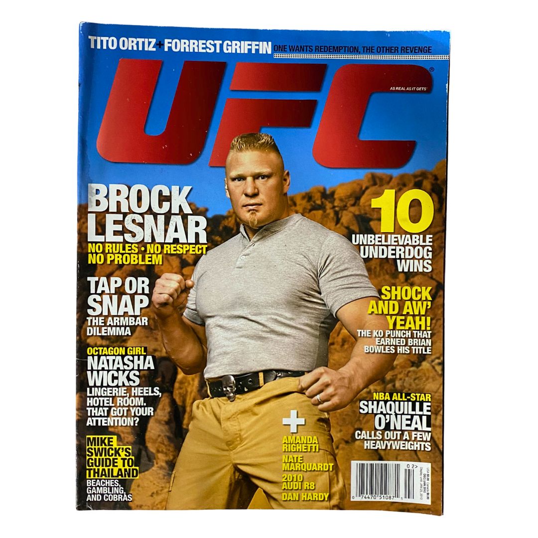 UFC Magazine December / January 2010 No. 2 featuring Brock Lesnar on the cover, showcasing the iconic heavyweight champion in a dramatic pose against a mountainous backdrop.
