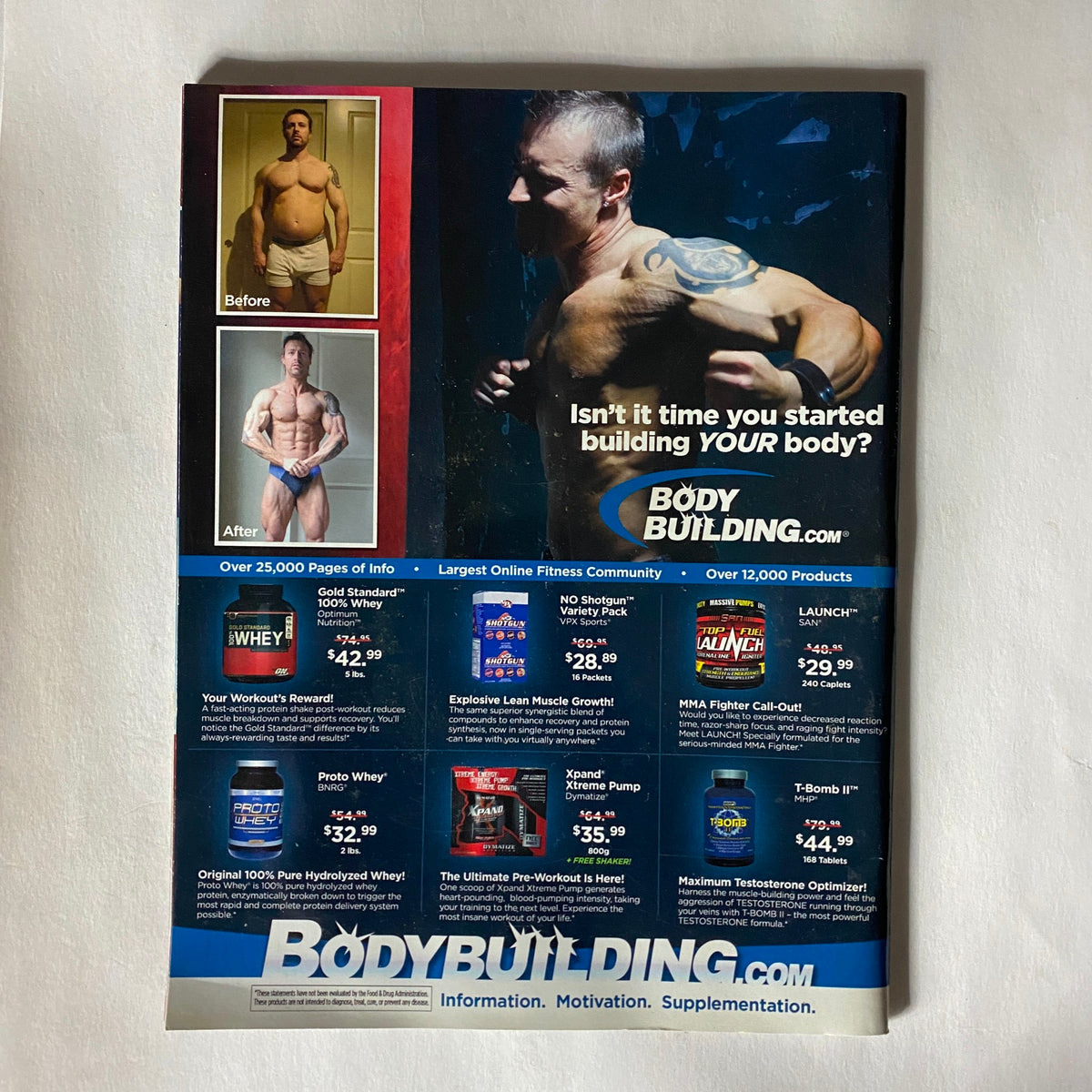 Back cover of MMA Worldwide Magazine 2009 Issue 18 promoting bodybuilding supplements and fitness products, emphasizing fitness and motivation.