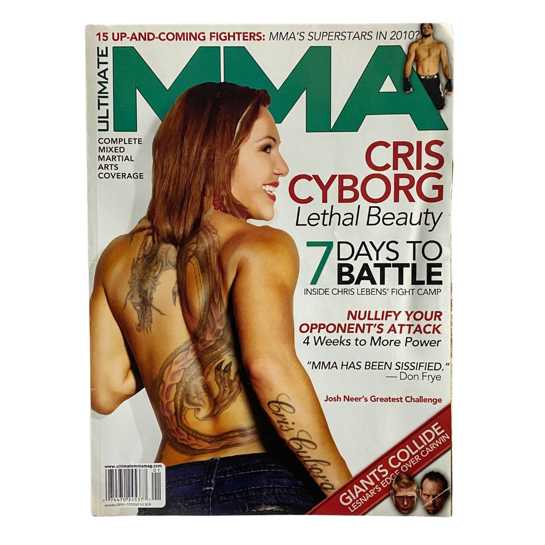 Ultimate MMA Magazine January 2010 featuring Cris Cyborg on the cover, showcasing a strong female athlete in a striking pose, highlighting the exciting world of mixed martial arts.