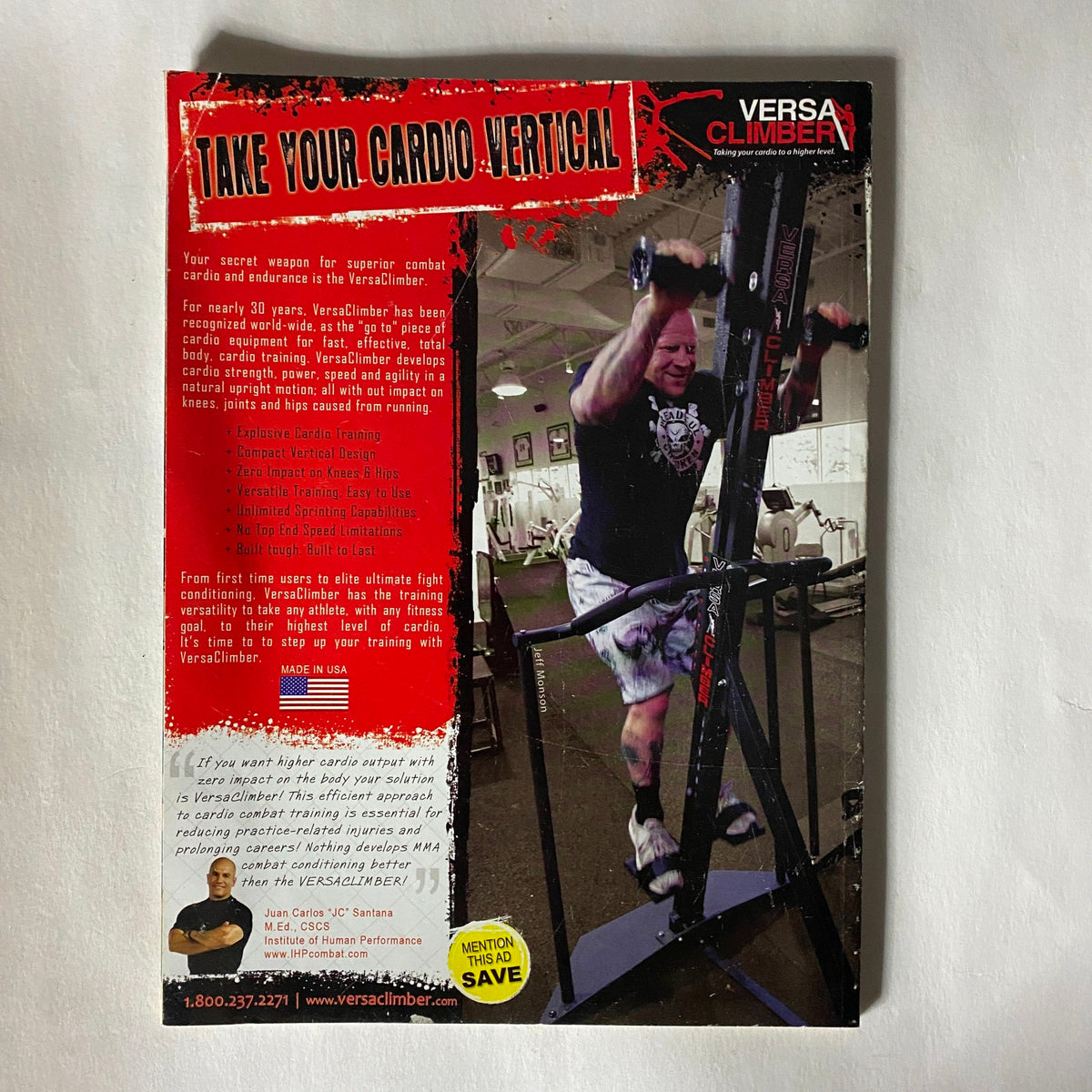 Back cover of Ultimate MMA Magazine January 2010 promoting VersaClimber, with a fitness model demonstrating an exercise routine, emphasizing the importance of cardio training for combat sports.