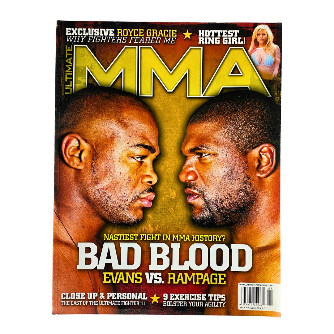 Ultimate MMA Magazine July 2010 cover featuring Quinton 'Rampage' Jackson and Rashad Evans in a face-off, highlighting their rivalry, labeled 'Bad Blood'.