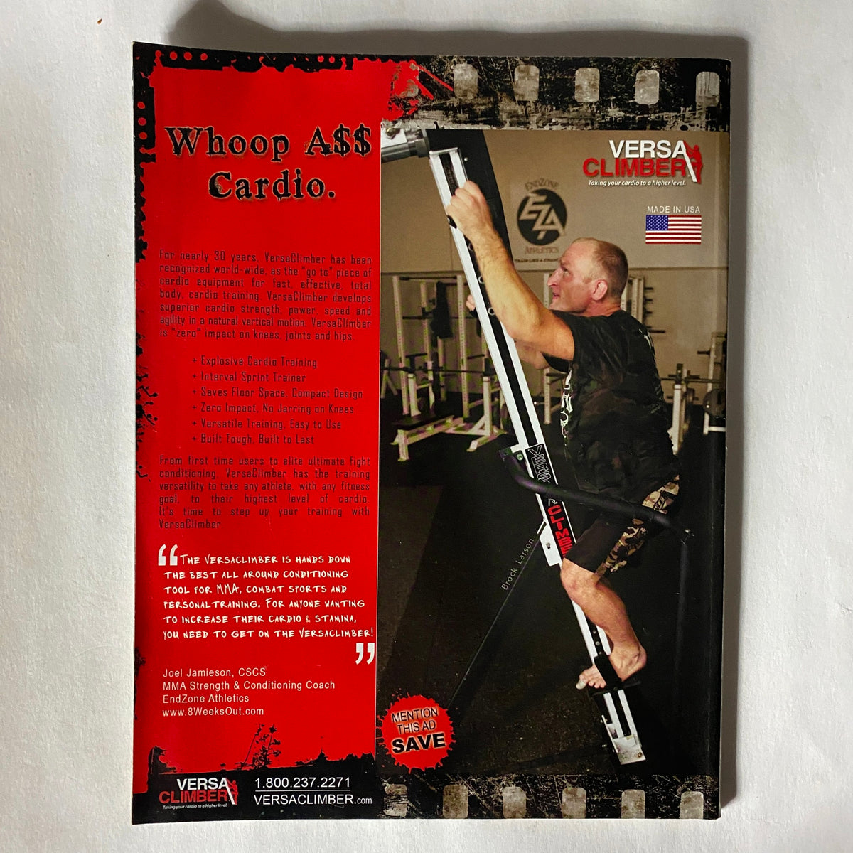 Back cover of Ultimate MMA Magazine July 2010 featuring a fitness advertisement for the VersaClimber, promoting cardio workout routines.