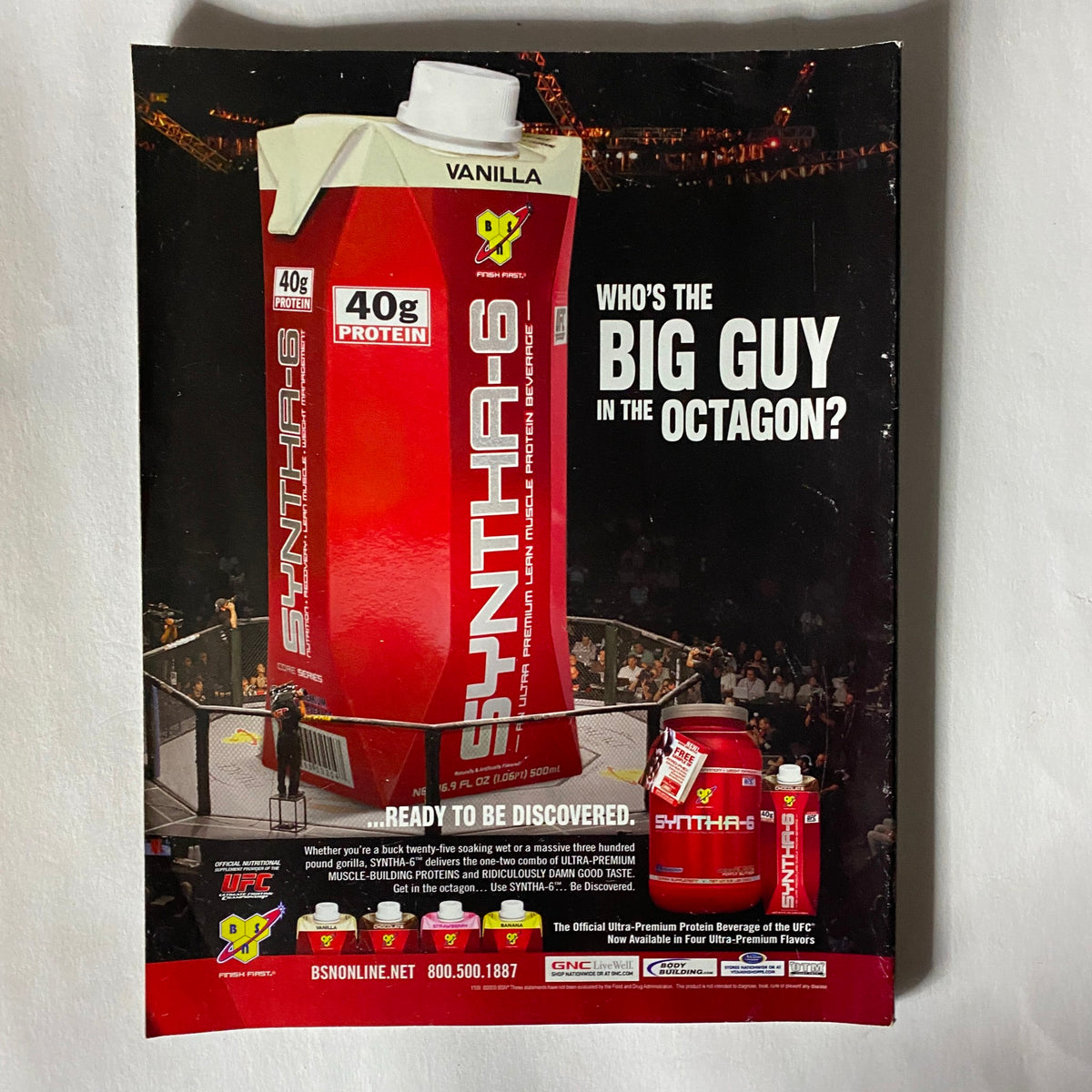Advertisement page from Fight! Magazine September 2009 highlighting SYNTHA-6 protein supplement with a vibrant design and references to MMA.