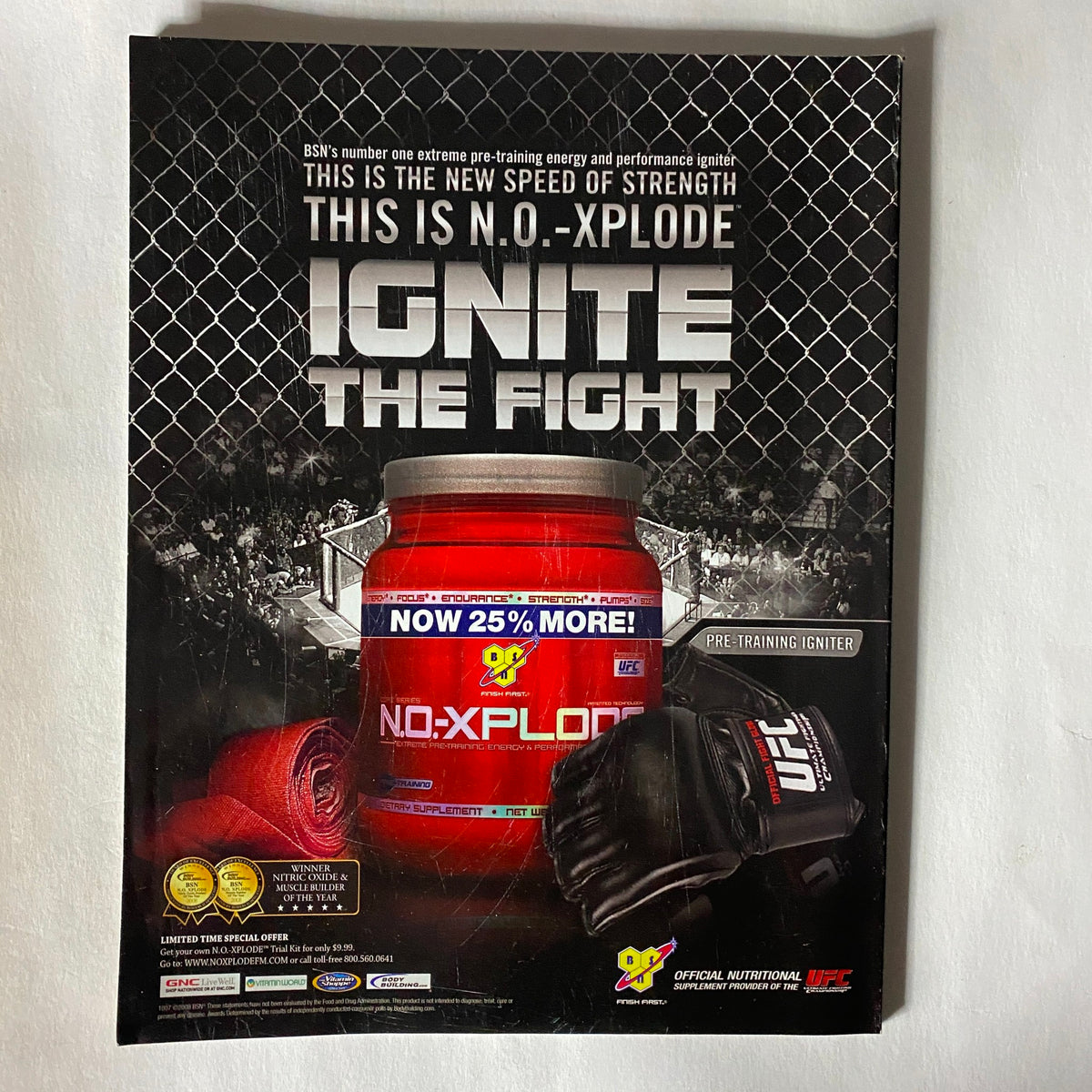 Back cover of Fight! Magazine January 2009, featuring an advertisement for NO-XPLODE pre-training igniter, promoting strength and endurance for MMA athletes.