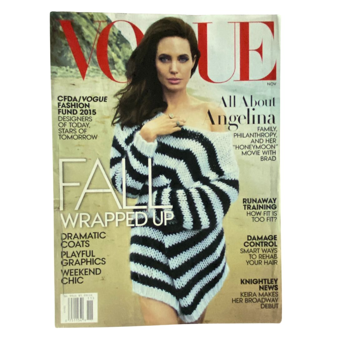 Vogue US Magazine November 2015 featuring Angelina Jolie on the cover, showcasing her in a stylish outfit, perfect for collectors and fashion enthusiasts.