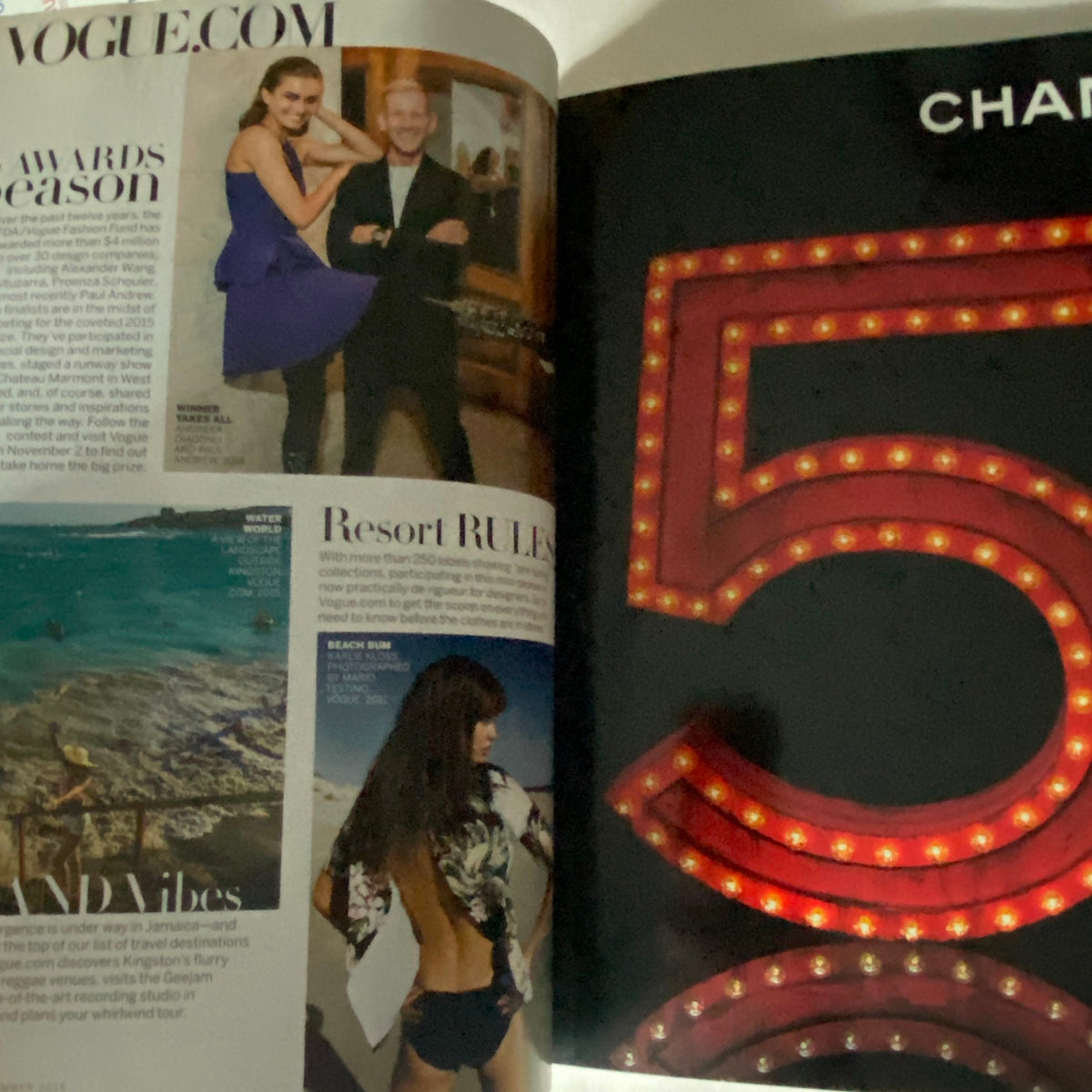 Another interior page from Vogue US Magazine November 2015, featuring a stylish layout with coverage of awards season and resort fashion trends.