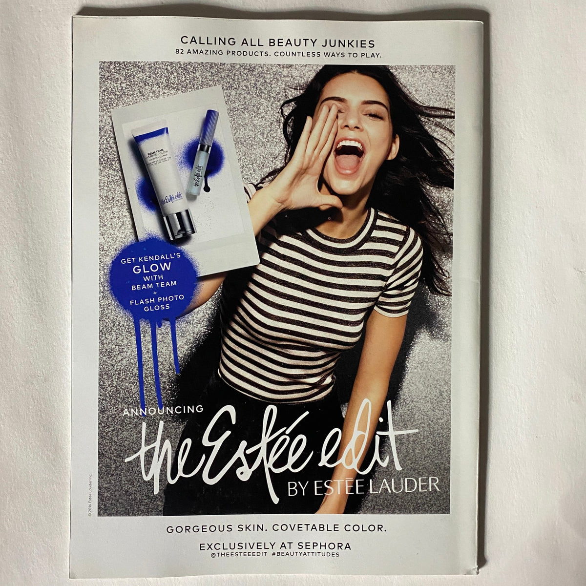 Kendall Jenner promoting The Estée Edit by Estée Lauder in Vogue US Magazine April 2016 The Kendall Jenner Effect, showcasing beauty products and fashion trends.