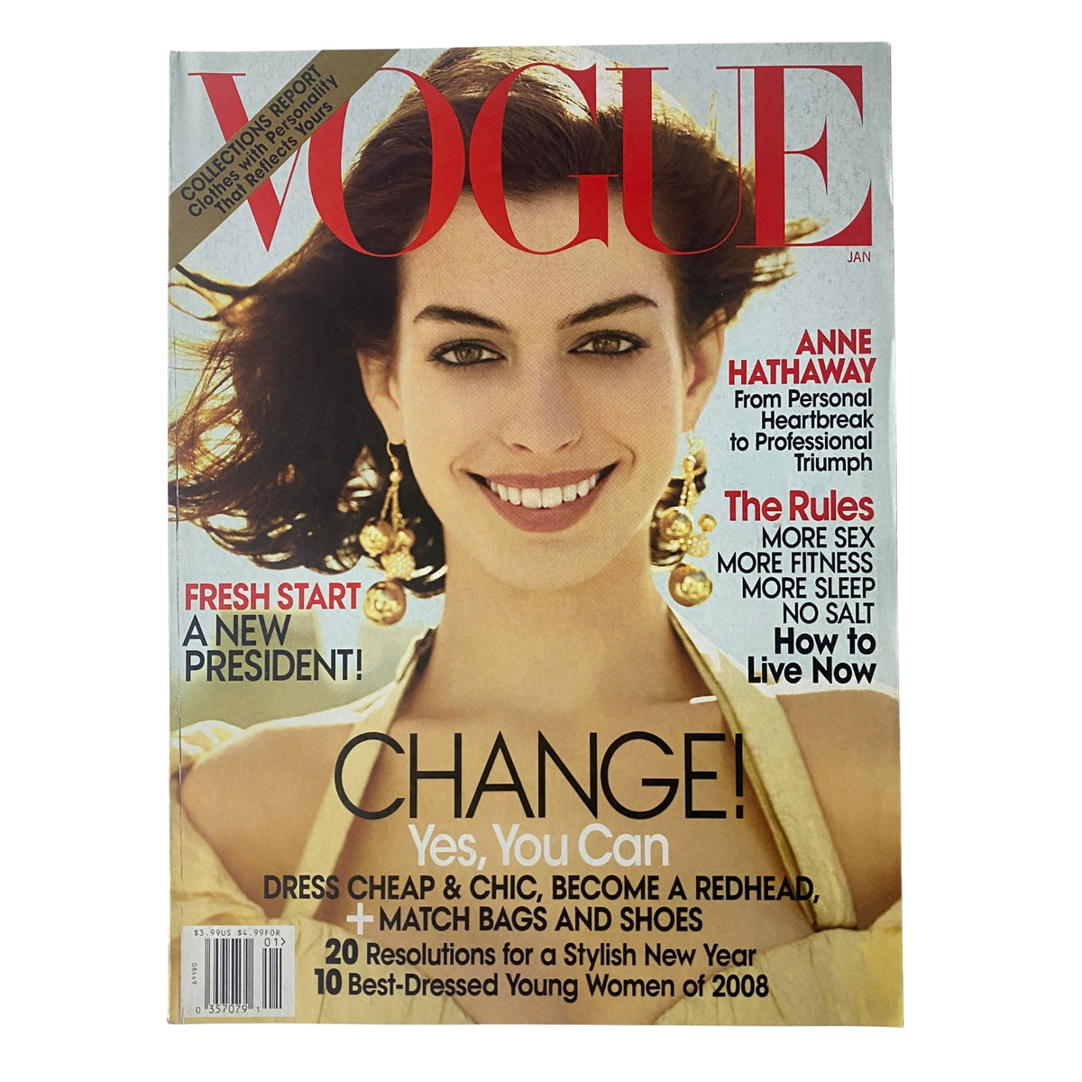 Vogue Magazine January 2009 featuring Anne Hathaway on the cover, highlighting fashion with the tagline 'Yes, You Can.' The magazine emphasizes personal transformation and societal change with a fresh start theme.