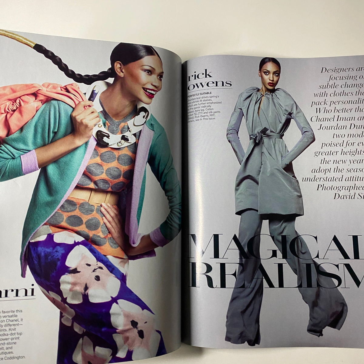 Editorial spread from Vogue Magazine January 2009 showcasing 'Magical Realism' fashion, featuring models Chanel Iman and Jourdan Dunn, highlighting subtle yet bold fashion looks for the season.