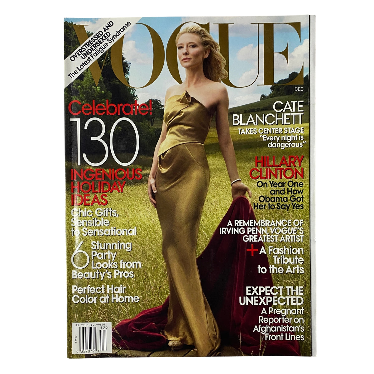Vogue Magazine December 2009 featuring Cate Blanchett on the cover, showcasing a golden dress in an outdoor setting with the headline 'Celebrate! 130 Ingenious Holiday Ideas'.