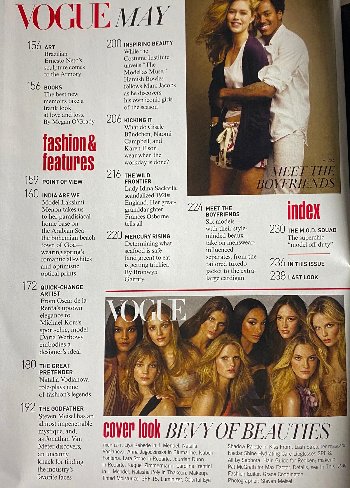 Vogue Magazine May 2009 article spread showcasing fashion and beauty features, including a multi-model cover look titled 'Bely of Beauties' featuring top models.